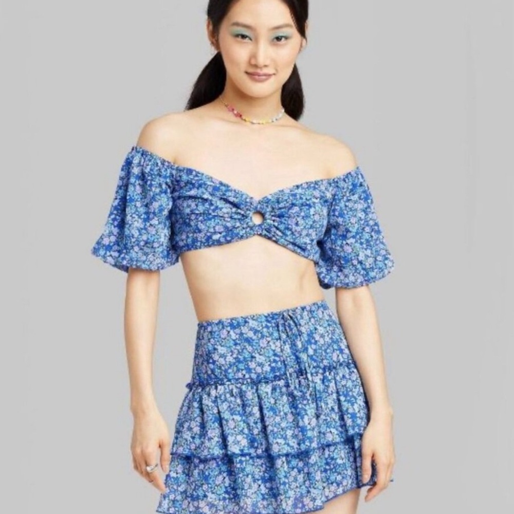 Wild Fable- Blue Floral Off-Shoulder Crop Top and Skirt Set